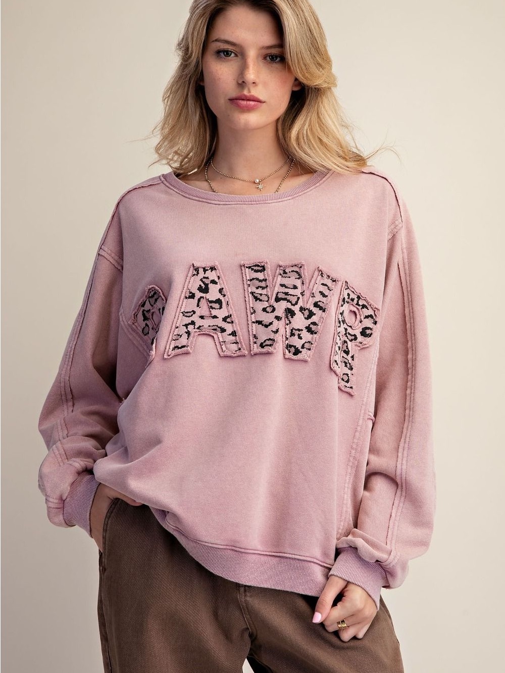 easel Pink 'Rawr’ Leopard-Appliqué Pullover Sweatshirt